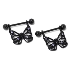 Gaby 14 Gauge 11/16 Purple CZ Gem Black Skull Butterfly Dangle Nipple Ring Set -Body Jewelry Store 76014.otherimage3