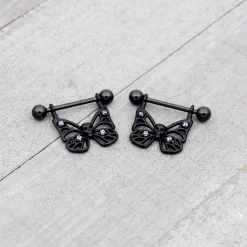 Gaby 14 Gauge 11/16 Purple CZ Gem Black Skull Butterfly Dangle Nipple Ring Set -Body Jewelry Store 76014.otherimage5