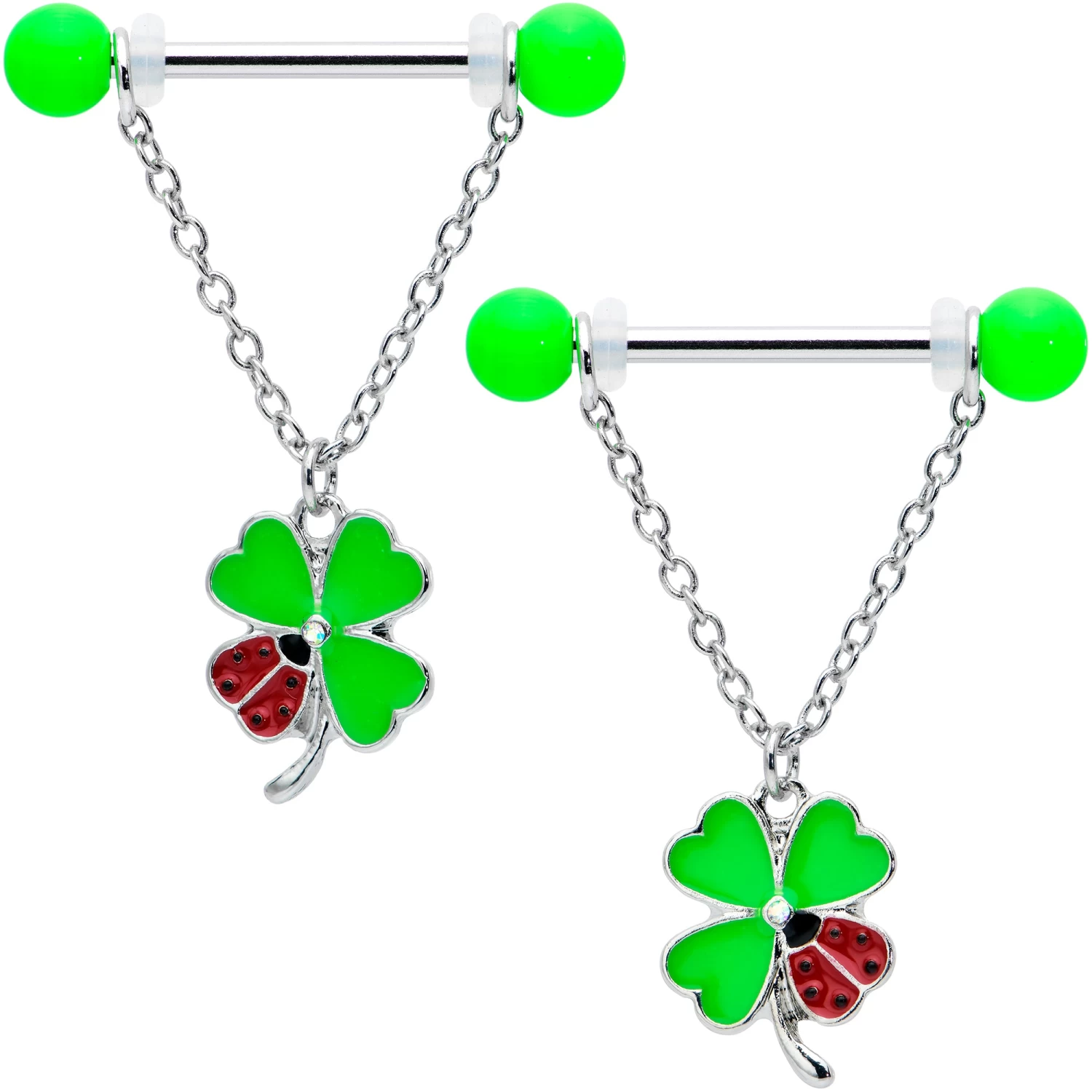 Gaby 14 Gauge 11/16 Ladybug Shamrock UV Glow Chain Dangle Nipple Ring Set 1 Gaby 14 Gauge 11/16 Ladybug Shamrock UV Glow Chain Dangle Nipple Ring Set