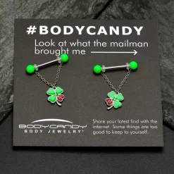 Gaby 14 Gauge 11/16 Ladybug Shamrock UV Glow Chain Dangle Nipple Ring Set 11 Gaby 14 Gauge 11/16 Ladybug Shamrock UV Glow Chain Dangle Nipple Ring Set -Body Jewelry Store 76023.otherimage3