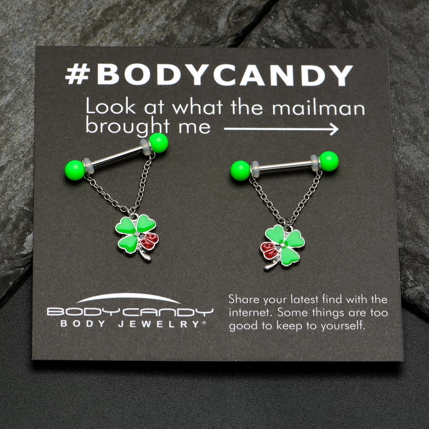 Gaby 14 Gauge 11/16 Ladybug Shamrock UV Glow Chain Dangle Nipple Ring Set 4 Gaby 14 Gauge 11/16 Ladybug Shamrock UV Glow Chain Dangle Nipple Ring Set - Image 4