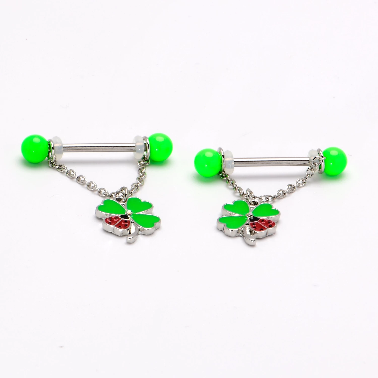 Gaby 14 Gauge 11/16 Ladybug Shamrock UV Glow Chain Dangle Nipple Ring Set 5 Gaby 14 Gauge 11/16 Ladybug Shamrock UV Glow Chain Dangle Nipple Ring Set - Image 5