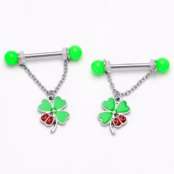 Gaby 14 Gauge 11/16 Ladybug Shamrock UV Glow Chain Dangle Nipple Ring Set 13 Gaby 14 Gauge 11/16 Ladybug Shamrock UV Glow Chain Dangle Nipple Ring Set -Body Jewelry Store 76023.otherimage5
