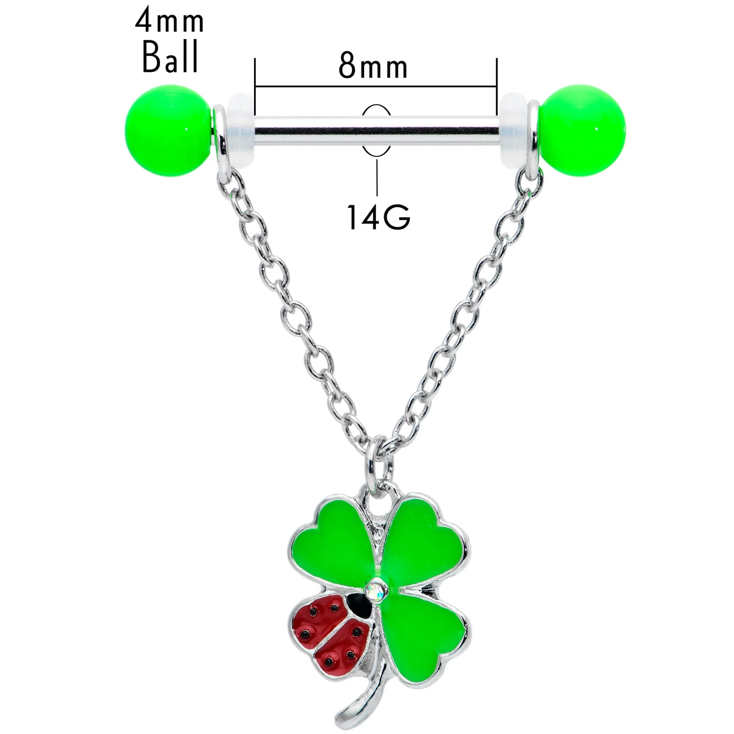 Gaby 14 Gauge 11/16 Ladybug Shamrock UV Glow Chain Dangle Nipple Ring Set 7 Gaby 14 Gauge 11/16 Ladybug Shamrock UV Glow Chain Dangle Nipple Ring Set - Image 7