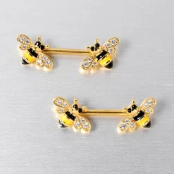 14 Gauge 9/16 Clear CZ Gem Gold Hue Honey Bees Barbell Nipple Ring Set -Body Jewelry Store 76037 GD.otherimage3