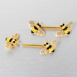 14 Gauge 9/16 Clear CZ Gem Gold Hue Honey Bees Barbell Nipple Ring Set -Body Jewelry Store 76037 GD.otherimage4
