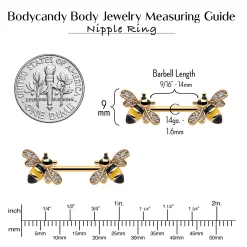 14 Gauge 9/16 Clear CZ Gem Gold Hue Honey Bees Barbell Nipple Ring Set -Body Jewelry Store 76037 GD.otherimage5