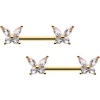 14 Gauge 9/16 Clear CZ Gem Gold Tone Butterflies Barbell Nipple Ring Set