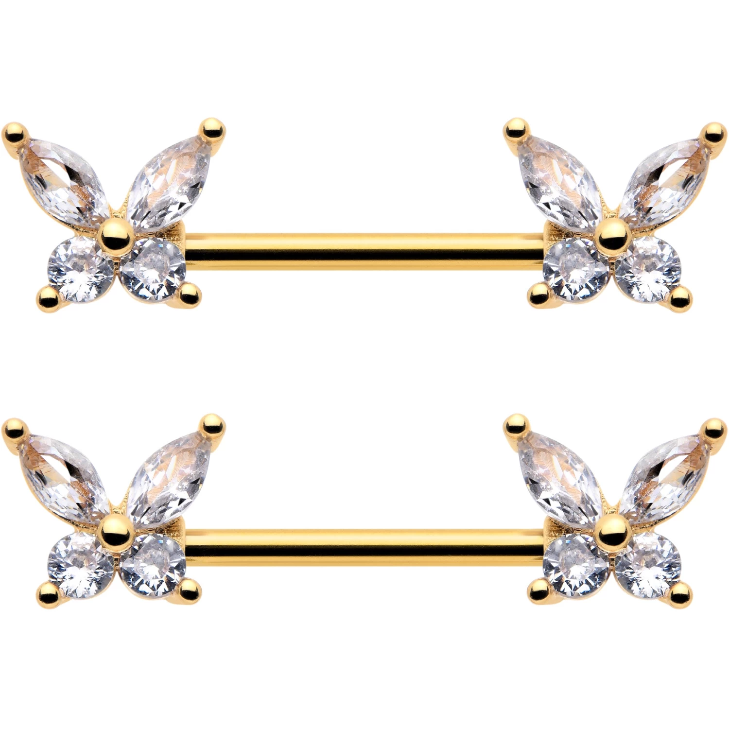 14 Gauge 9/16 Clear CZ Gem Gold Tone Butterflies Barbell Nipple Ring Set 2 14 Gauge 9/16 Clear CZ Gem Gold Tone Butterflies Barbell Nipple Ring Set - Image 2