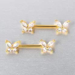 14 Gauge 9/16 Clear CZ Gem Gold Tone Butterflies Barbell Nipple Ring Set 11 14 Gauge 9/16 Clear CZ Gem Gold Tone Butterflies Barbell Nipple Ring Set -Body Jewelry Store 76038 GD.otherimage3
