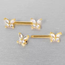 14 Gauge 9/16 Clear CZ Gem Gold Tone Butterflies Barbell Nipple Ring Set 12 14 Gauge 9/16 Clear CZ Gem Gold Tone Butterflies Barbell Nipple Ring Set -Body Jewelry Store 76038 GD.otherimage4