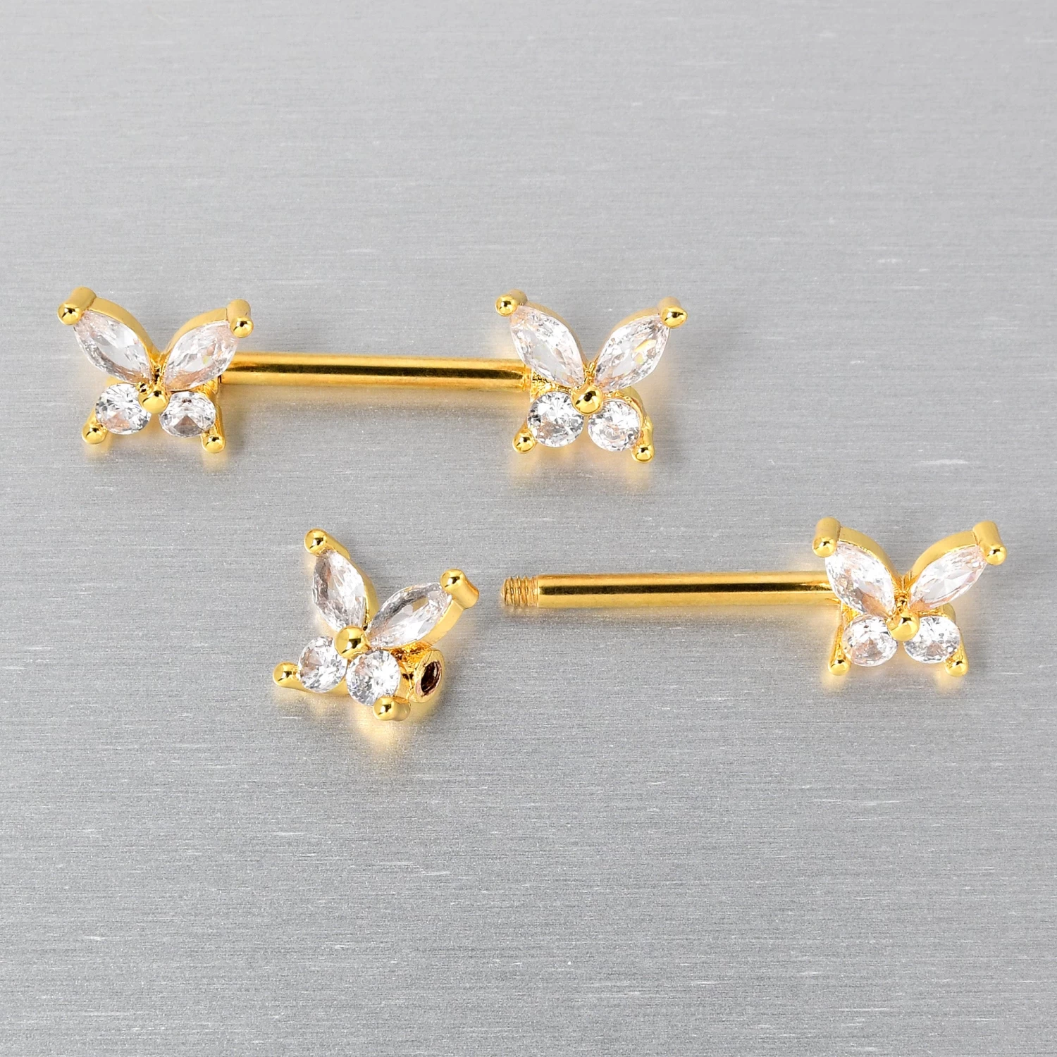 14 Gauge 9/16 Clear CZ Gem Gold Tone Butterflies Barbell Nipple Ring Set 5 14 Gauge 9/16 Clear CZ Gem Gold Tone Butterflies Barbell Nipple Ring Set - Image 5