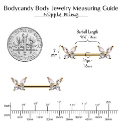 14 Gauge 9/16 Clear CZ Gem Gold Tone Butterflies Barbell Nipple Ring Set 13 14 Gauge 9/16 Clear CZ Gem Gold Tone Butterflies Barbell Nipple Ring Set -Body Jewelry Store 76038 GD.otherimage5