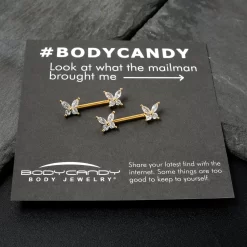 14 Gauge 9/16 Clear CZ Gem Gold Tone Butterflies Barbell Nipple Ring Set 14 14 Gauge 9/16 Clear CZ Gem Gold Tone Butterflies Barbell Nipple Ring Set -Body Jewelry Store 76038 GD.otherimage6