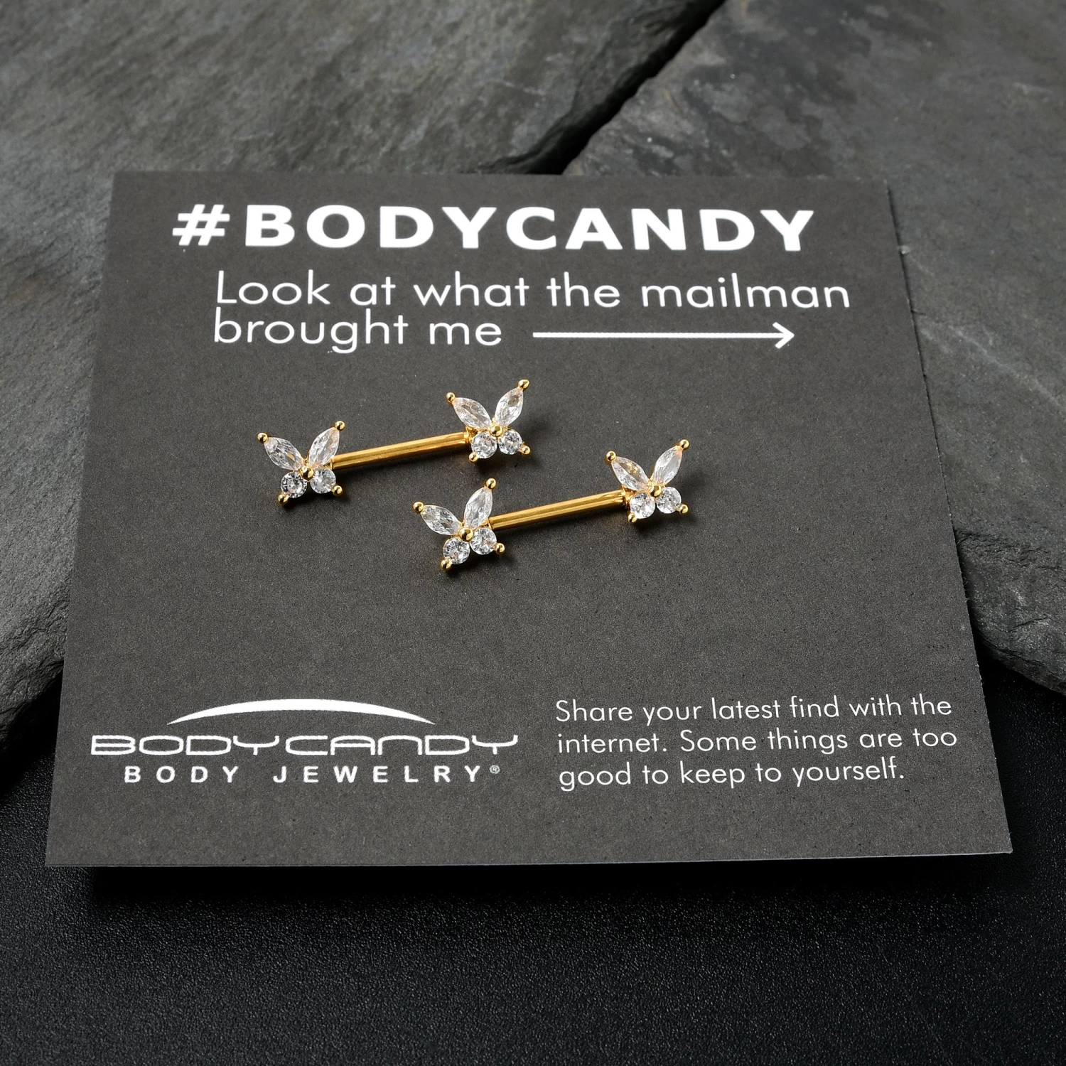 14 Gauge 9/16 Clear CZ Gem Gold Tone Butterflies Barbell Nipple Ring Set 7 14 Gauge 9/16 Clear CZ Gem Gold Tone Butterflies Barbell Nipple Ring Set - Image 7