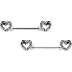 14 Gauge 9/16 Clear Gem Open Heart Valentine Barbell Nipple Ring Set