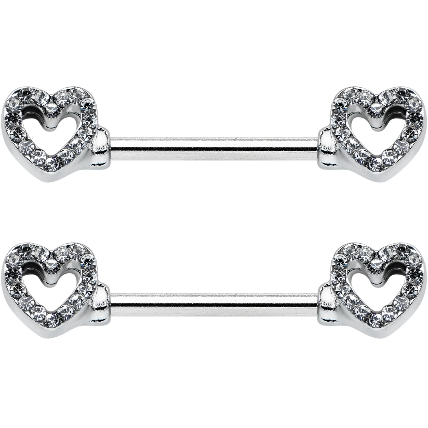 14 Gauge 9/16 Clear Gem Open Heart Valentine Barbell Nipple Ring Set 2 14 Gauge 9/16 Clear Gem Open Heart Valentine Barbell Nipple Ring Set - Image 2
