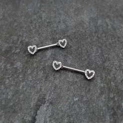 14 Gauge 9/16 Clear Gem Open Heart Valentine Barbell Nipple Ring Set 11 14 Gauge 9/16 Clear Gem Open Heart Valentine Barbell Nipple Ring Set -Body Jewelry Store 76072.otherimage3