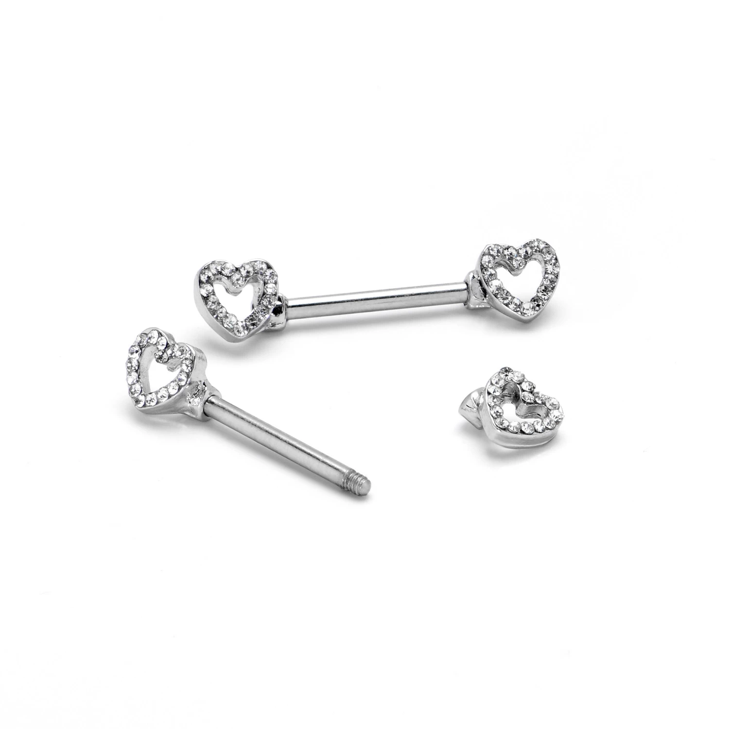 14 Gauge 9/16 Clear Gem Open Heart Valentine Barbell Nipple Ring Set 6 14 Gauge 9/16 Clear Gem Open Heart Valentine Barbell Nipple Ring Set - Image 6