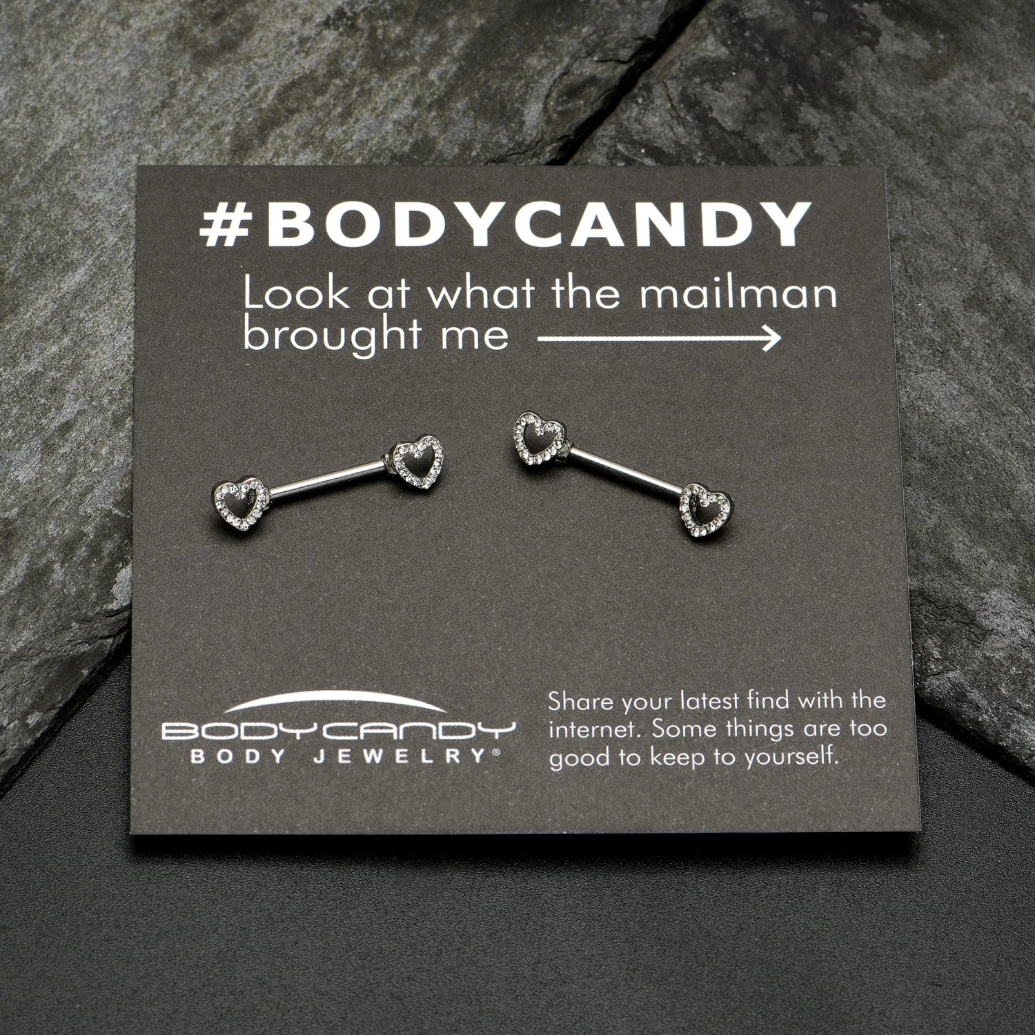 14 Gauge 9/16 Clear Gem Open Heart Valentine Barbell Nipple Ring Set 8 14 Gauge 9/16 Clear Gem Open Heart Valentine Barbell Nipple Ring Set - Image 8