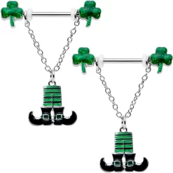 Gaby 14 Gauge 11/16 Leprechaun Legs Shamrock Chain Dangle Nipple Ring Set