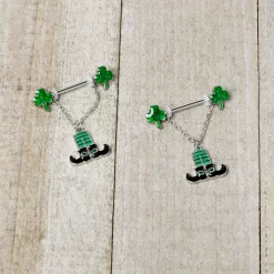 Gaby 14 Gauge 11/16 Leprechaun Legs Shamrock Chain Dangle Nipple Ring Set -Body Jewelry Store 76077.otherimage3