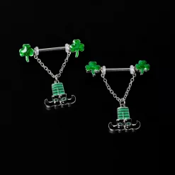 Gaby 14 Gauge 11/16 Leprechaun Legs Shamrock Chain Dangle Nipple Ring Set -Body Jewelry Store 76077.otherimage4