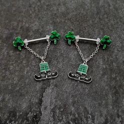 Gaby 14 Gauge 11/16 Leprechaun Legs Shamrock Chain Dangle Nipple Ring Set -Body Jewelry Store 76077.otherimage5