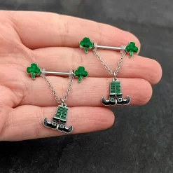 Gaby 14 Gauge 11/16 Leprechaun Legs Shamrock Chain Dangle Nipple Ring Set -Body Jewelry Store 76077.otherimage6