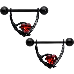 Gaby 14 Gauge 11/16 Red Clear CZ Gem Heart Claw Hand Dangle Nipple Ring Set