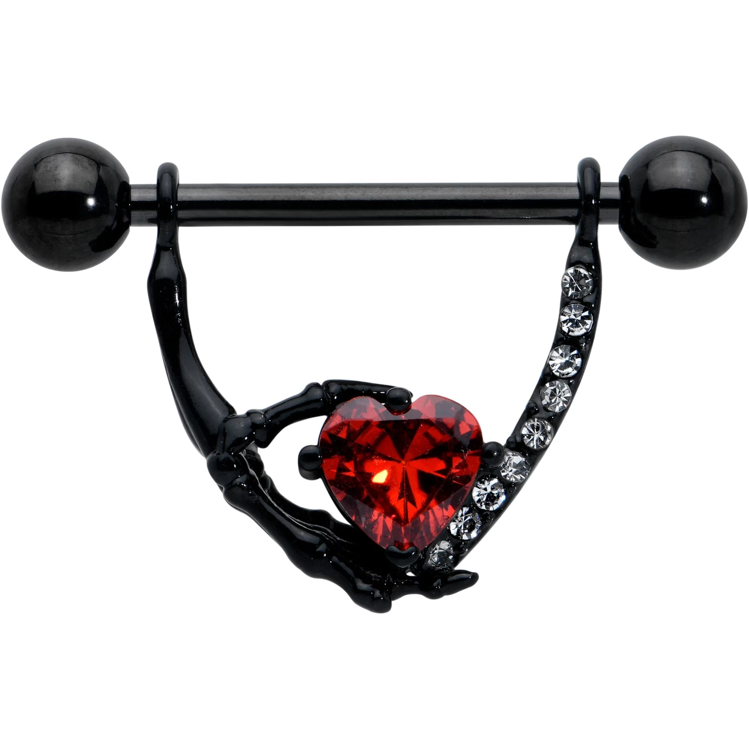 Gaby 14 Gauge 11/16 Red Clear CZ Gem Heart Claw Hand Dangle Nipple Ring Set 2 Gaby 14 Gauge 11/16 Red Clear CZ Gem Heart Claw Hand Dangle Nipple Ring Set - Image 2