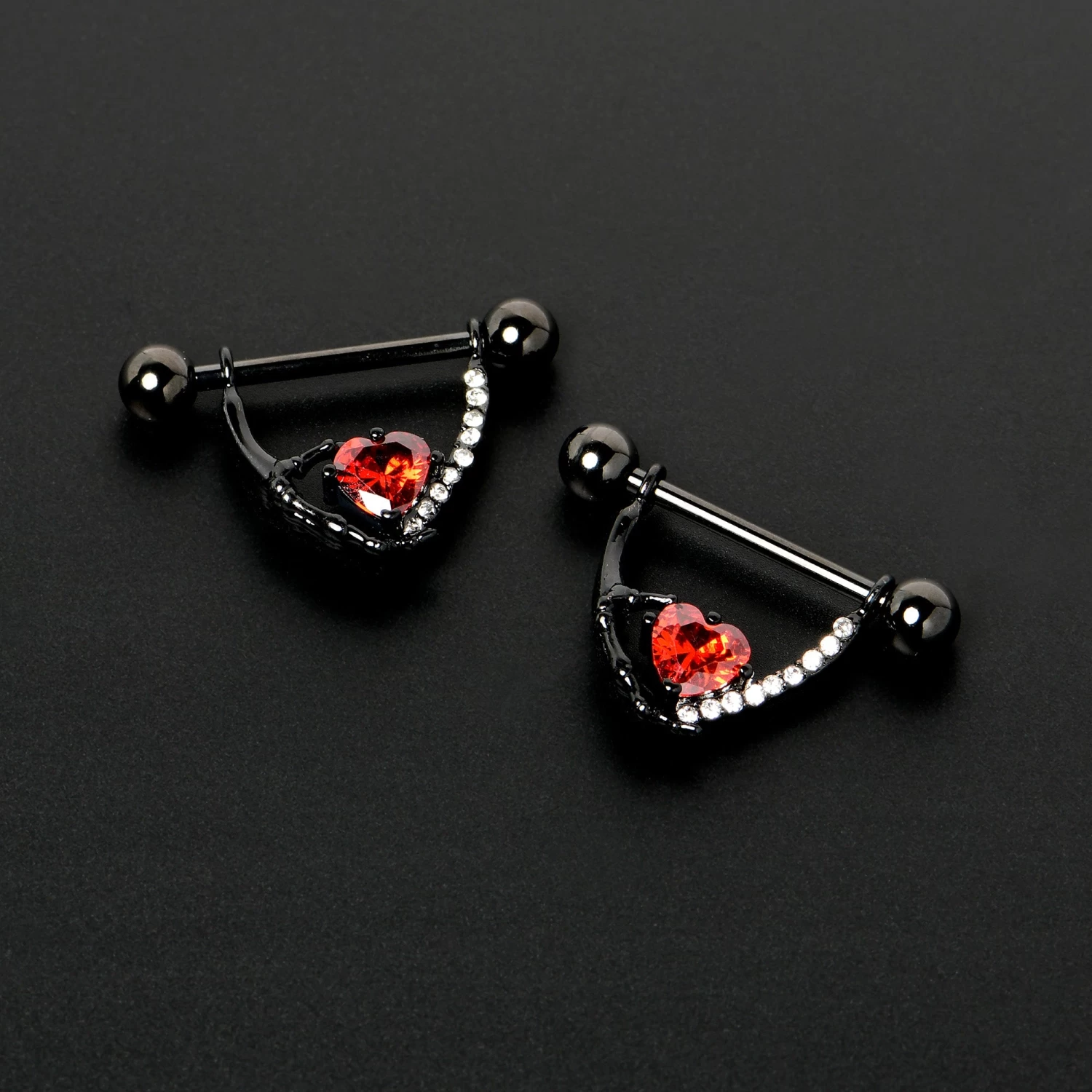 Gaby 14 Gauge 11/16 Red Clear CZ Gem Heart Claw Hand Dangle Nipple Ring Set 4 Gaby 14 Gauge 11/16 Red Clear CZ Gem Heart Claw Hand Dangle Nipple Ring Set - Image 4
