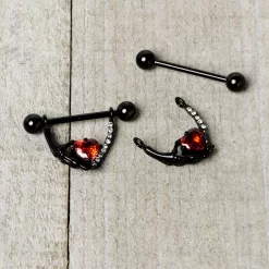 Gaby 14 Gauge 11/16 Red Clear CZ Gem Heart Claw Hand Dangle Nipple Ring Set 13 Gaby 14 Gauge 11/16 Red Clear CZ Gem Heart Claw Hand Dangle Nipple Ring Set -Body Jewelry Store 76084.otherimage5