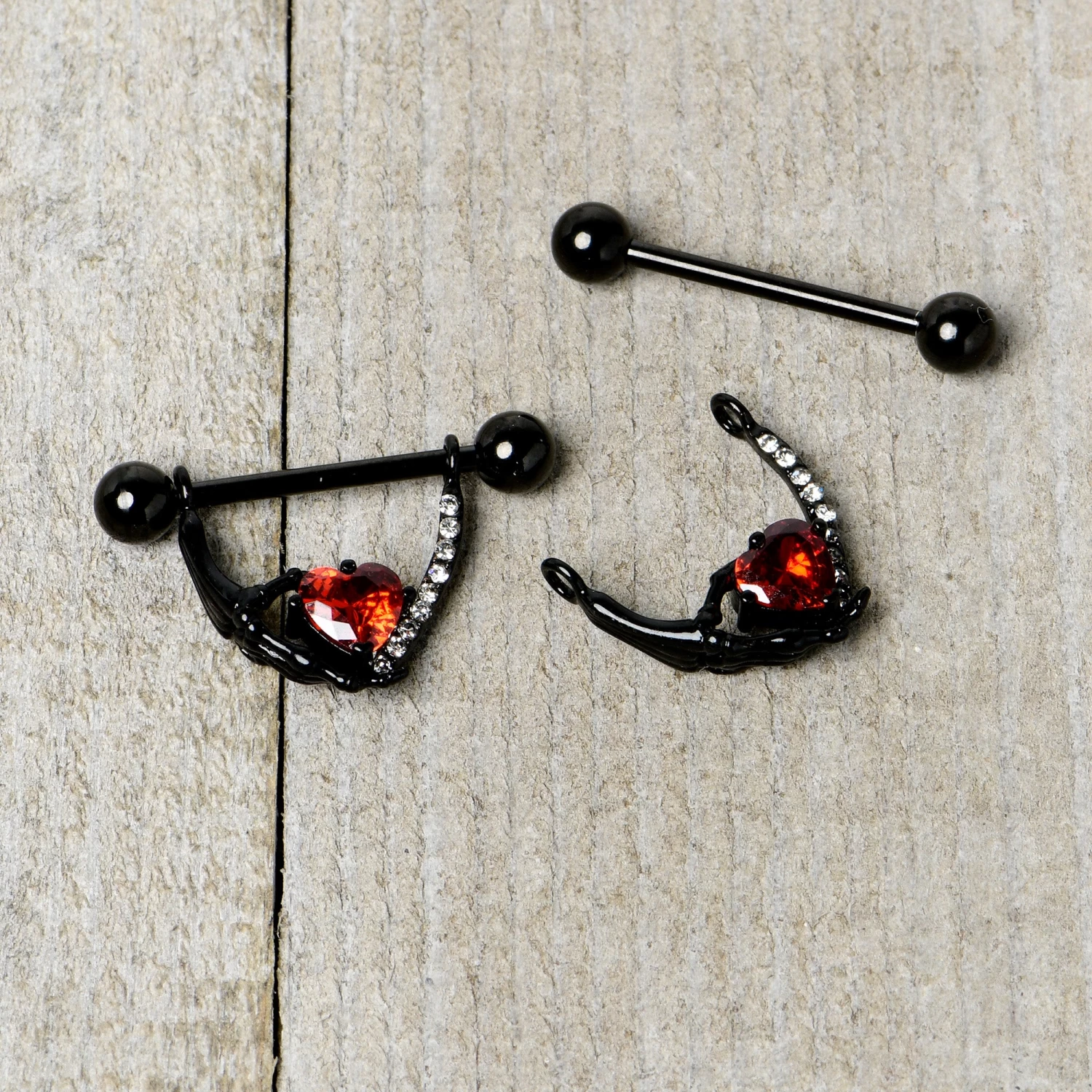 Gaby 14 Gauge 11/16 Red Clear CZ Gem Heart Claw Hand Dangle Nipple Ring Set 6 Gaby 14 Gauge 11/16 Red Clear CZ Gem Heart Claw Hand Dangle Nipple Ring Set - Image 6