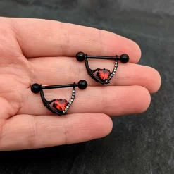 Gaby 14 Gauge 11/16 Red Clear CZ Gem Heart Claw Hand Dangle Nipple Ring Set 14 Gaby 14 Gauge 11/16 Red Clear CZ Gem Heart Claw Hand Dangle Nipple Ring Set -Body Jewelry Store 76084.otherimage6