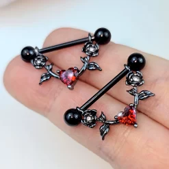 Gaby 14 Gauge 11/16 Red CZ Gem Black Heart Flower Dangle Nipple Ring Set 12 Gaby 14 Gauge 11/16 Red CZ Gem Black Heart Flower Dangle Nipple Ring Set -Body Jewelry Store 76086