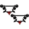 Gaby 14 Gauge 11/16 Red CZ Gem Black Heart Flower Dangle Nipple Ring Set