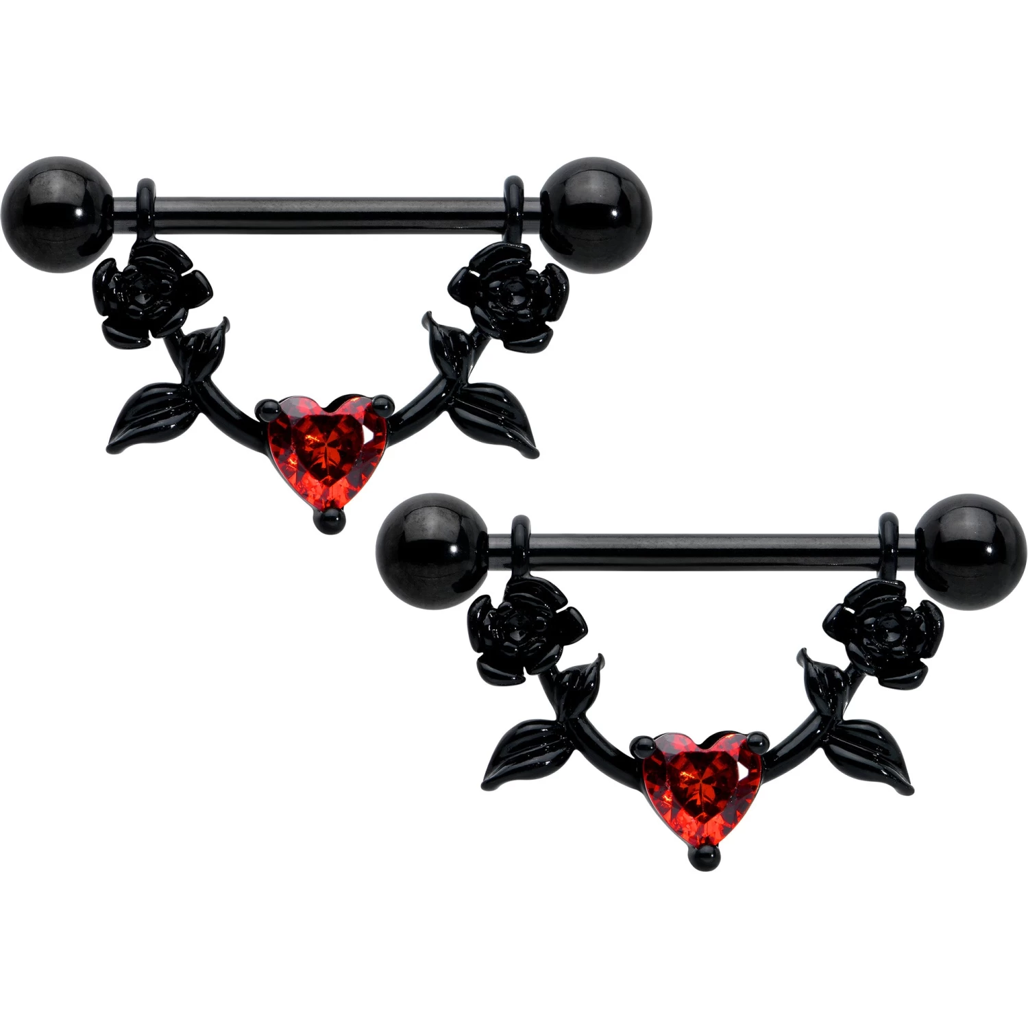 Gaby 14 Gauge 11/16 Red CZ Gem Black Heart Flower Dangle Nipple Ring Set 1 Gaby 14 Gauge 11/16 Red CZ Gem Black Heart Flower Dangle Nipple Ring Set