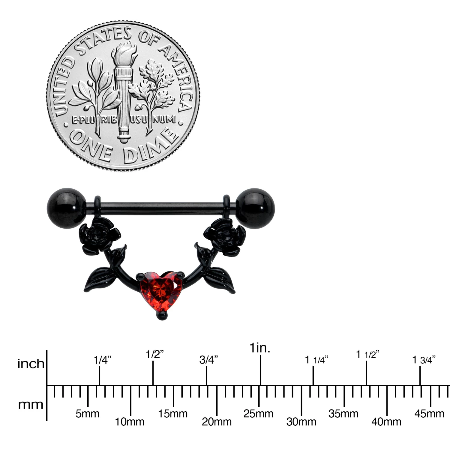 Gaby 14 Gauge 11/16 Red CZ Gem Black Heart Flower Dangle Nipple Ring Set 3 Gaby 14 Gauge 11/16 Red CZ Gem Black Heart Flower Dangle Nipple Ring Set - Image 3