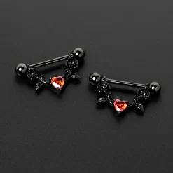 Gaby 14 Gauge 11/16 Red CZ Gem Black Heart Flower Dangle Nipple Ring Set 13 Gaby 14 Gauge 11/16 Red CZ Gem Black Heart Flower Dangle Nipple Ring Set -Body Jewelry Store 76086.otherimage3