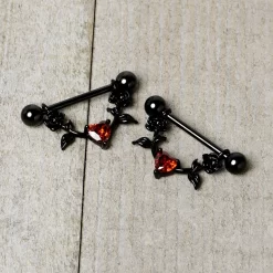 Gaby 14 Gauge 11/16 Red CZ Gem Black Heart Flower Dangle Nipple Ring Set 14 Gaby 14 Gauge 11/16 Red CZ Gem Black Heart Flower Dangle Nipple Ring Set -Body Jewelry Store 76086.otherimage4