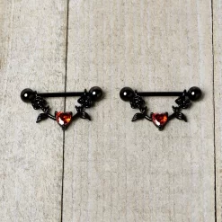 Gaby 14 Gauge 11/16 Red CZ Gem Black Heart Flower Dangle Nipple Ring Set 15 Gaby 14 Gauge 11/16 Red CZ Gem Black Heart Flower Dangle Nipple Ring Set -Body Jewelry Store 76086.otherimage5