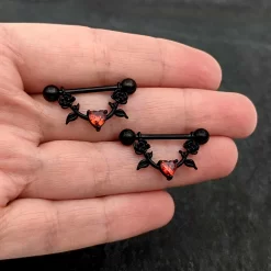 Gaby 14 Gauge 11/16 Red CZ Gem Black Heart Flower Dangle Nipple Ring Set 16 Gaby 14 Gauge 11/16 Red CZ Gem Black Heart Flower Dangle Nipple Ring Set -Body Jewelry Store 76086.otherimage6