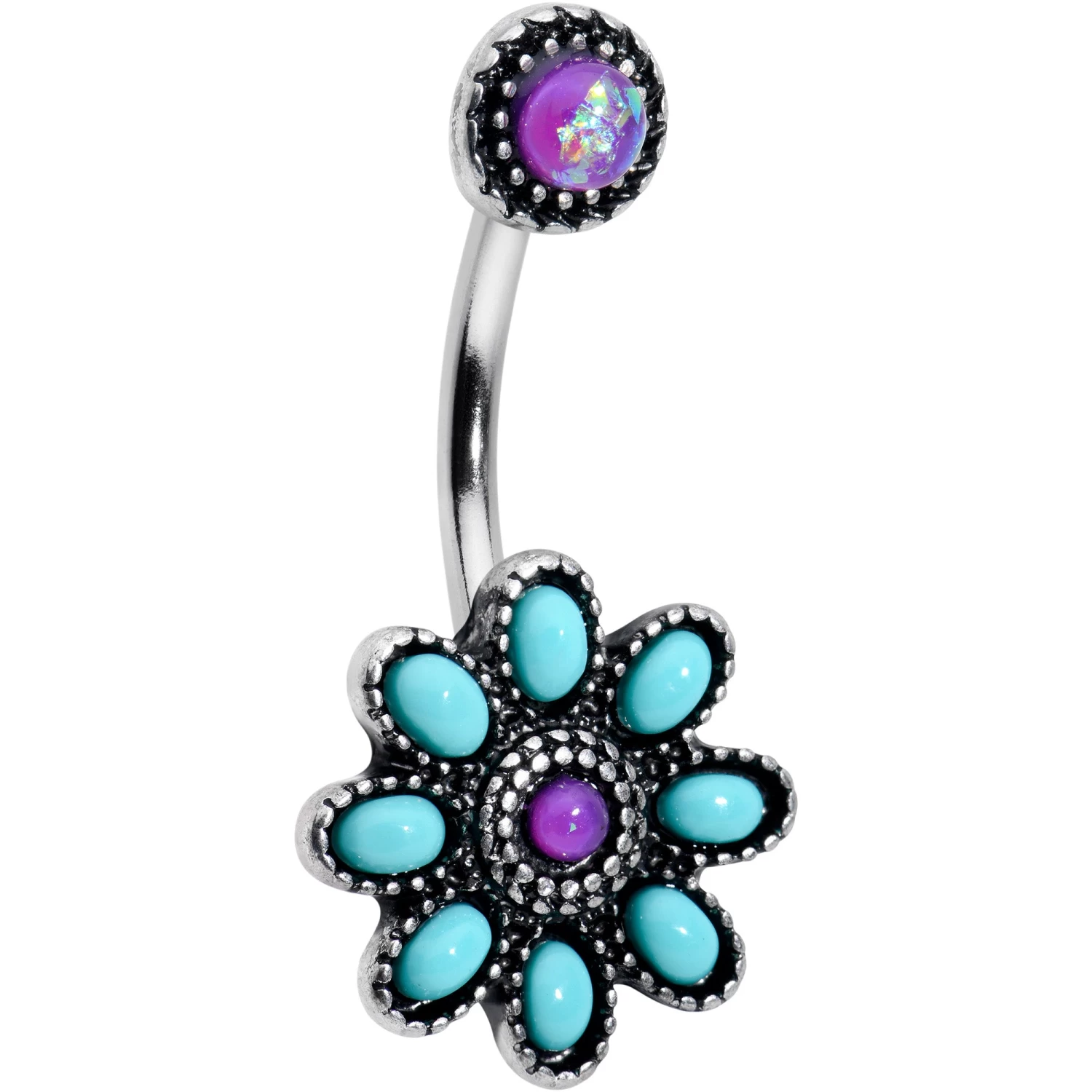 Blue Faux Opal Flower Teal Petals Double Mount Belly Ring 1 Blue Faux Opal Flower Teal Petals Double Mount Belly Ring