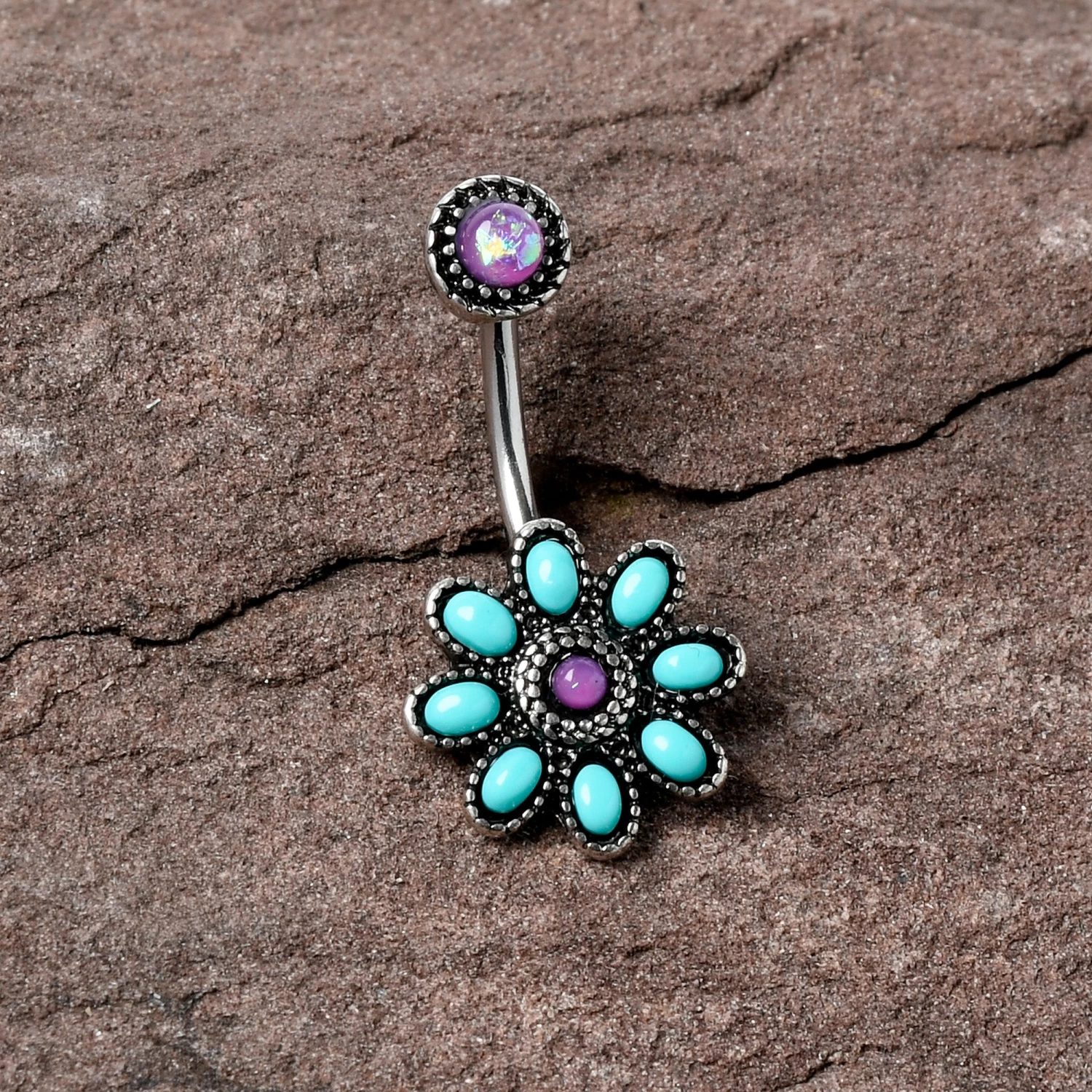 Blue Faux Opal Flower Teal Petals Double Mount Belly Ring 2 Blue Faux Opal Flower Teal Petals Double Mount Belly Ring - Image 2