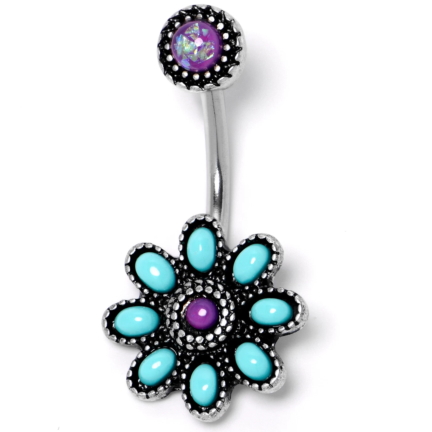 Blue Faux Opal Flower Teal Petals Double Mount Belly Ring 3 Blue Faux Opal Flower Teal Petals Double Mount Belly Ring - Image 3