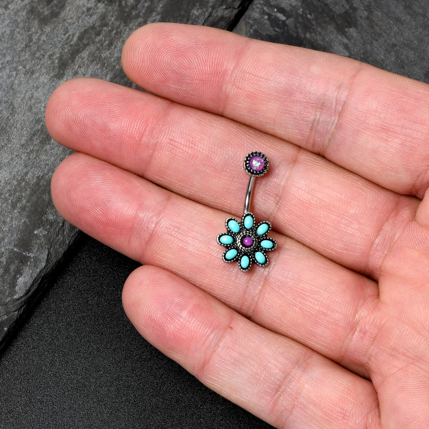 Blue Faux Opal Flower Teal Petals Double Mount Belly Ring 7 Blue Faux Opal Flower Teal Petals Double Mount Belly Ring - Image 7