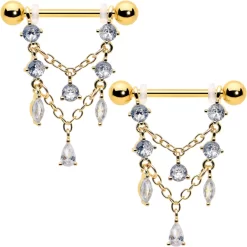 Gaby 14 Gauge9/16 Clear Gem Gold Tone Double Chain Dangle Nipple Ring Set