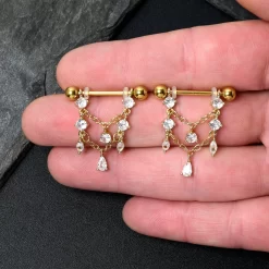 Gaby 14 Gauge9/16 Clear Gem Gold Tone Double Chain Dangle Nipple Ring Set -Body Jewelry Store 76225.otherimage2