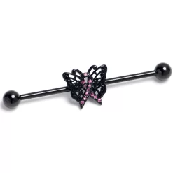 14 Gauge Black Purple Beauty In Flight Butterfly Industrial Barbell 38mm